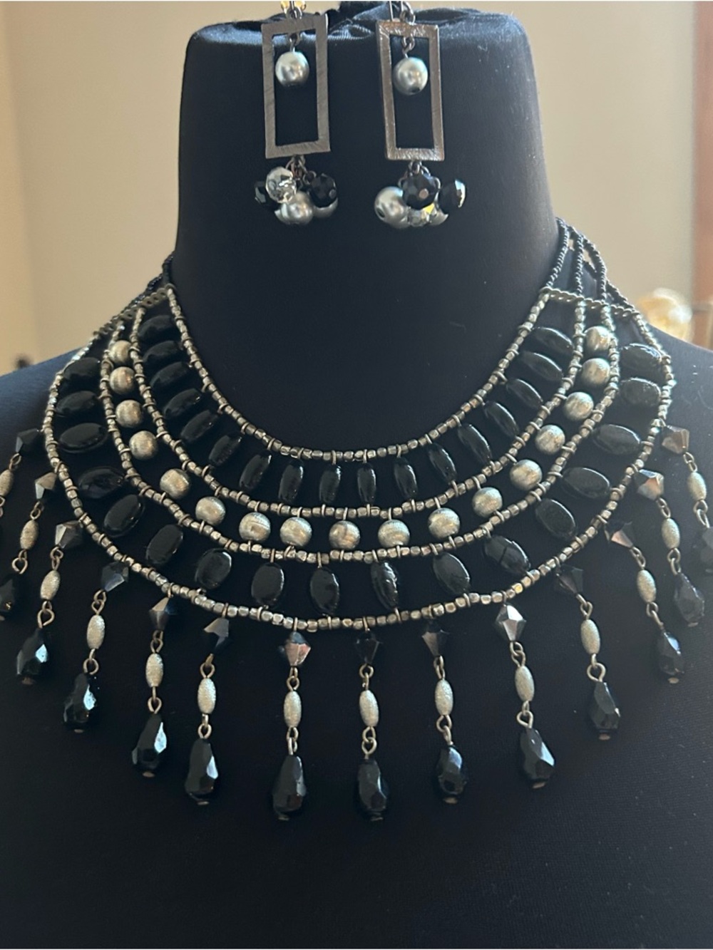 Black Beaded Statement Necklace and Earrings Set - Elegant Women's Jewelry